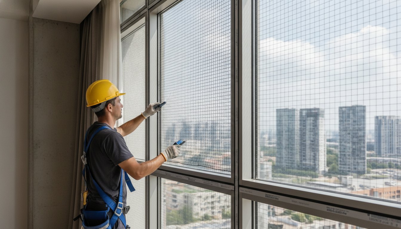 Trabalhador com equipamento de segurança instalando tela de proteção na janela de um apartamento.