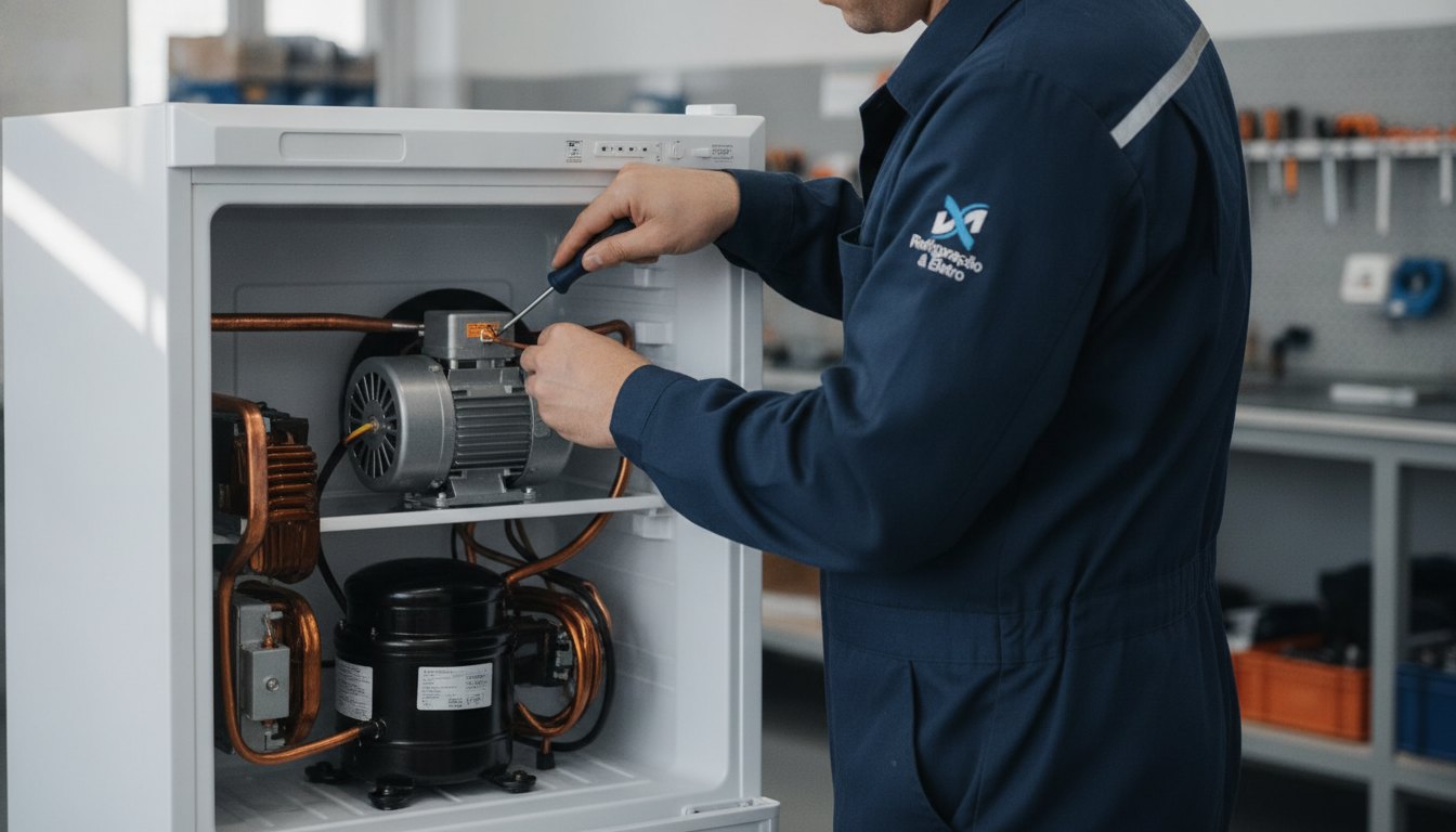 Técnico com uniforme escuro utilizando chave de fenda para ajustar o motor de um refrigerador branco.