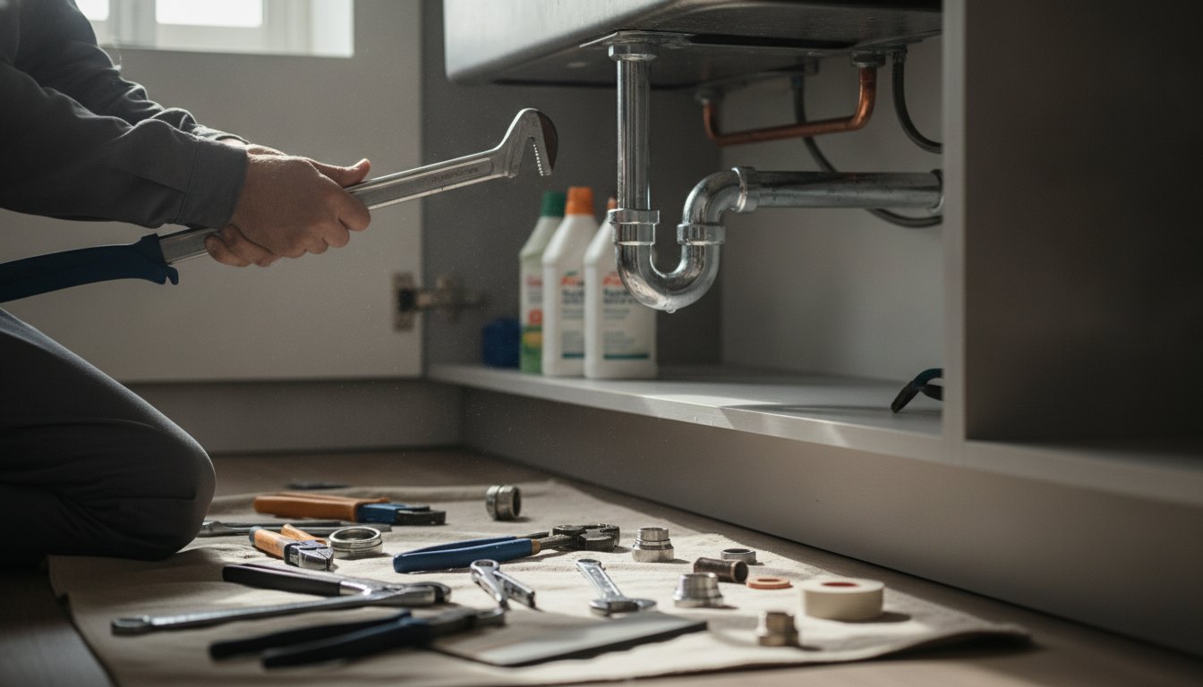 Profissional com ferramentas ajustando a tubulação sob uma pia de cozinha durante um reparo residencial