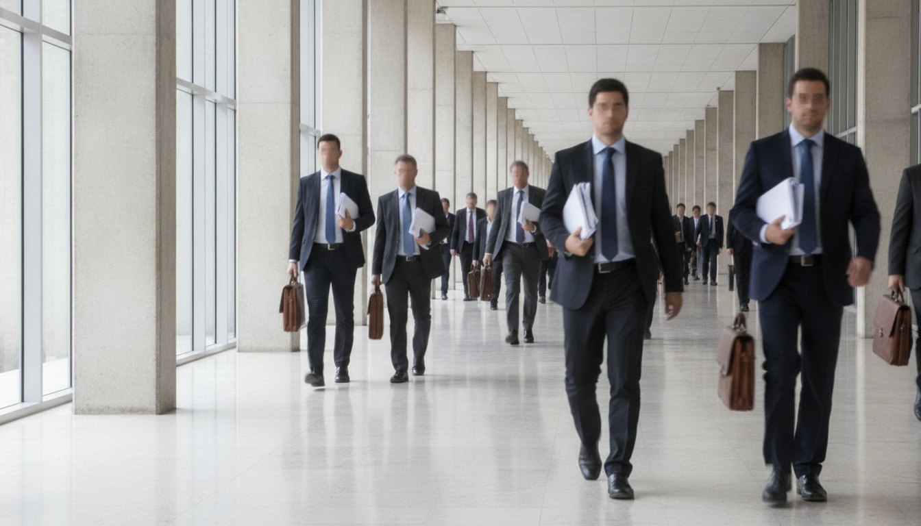 Corredor de um ministério em Brasília com pessoas caminhando com pastas e documentos em mãos.