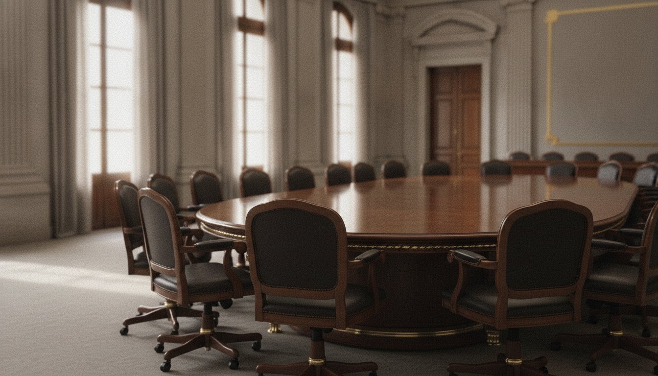 Reunião de engravatados ao redor de uma grande mesa oval em sala de comissões do Congresso