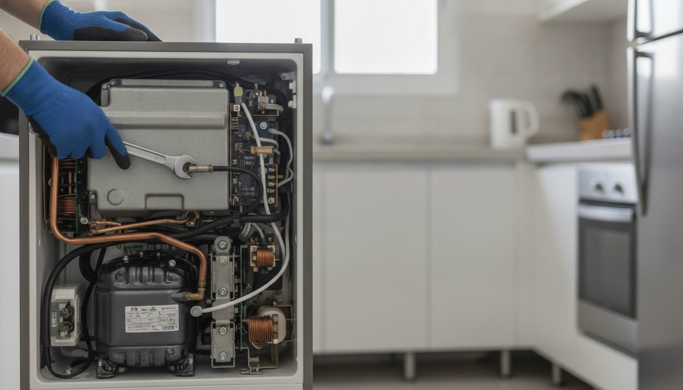 Técnico com luvas segurando uma ferramenta diante do motor aberto de uma geladeira na cozinha.