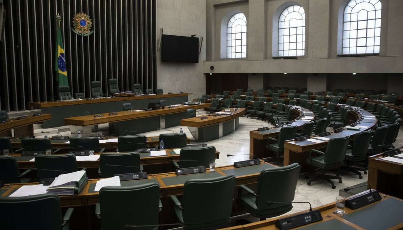 Plenário do Congresso Nacional com parlamentares debatendo e votando projetos de lei durante sessão ordinária.