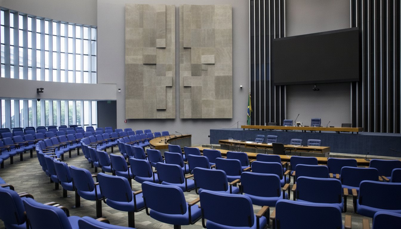 Plenário vazio com cadeiras azuis e painel eletrônico ao fundo durante sessão legislativa.