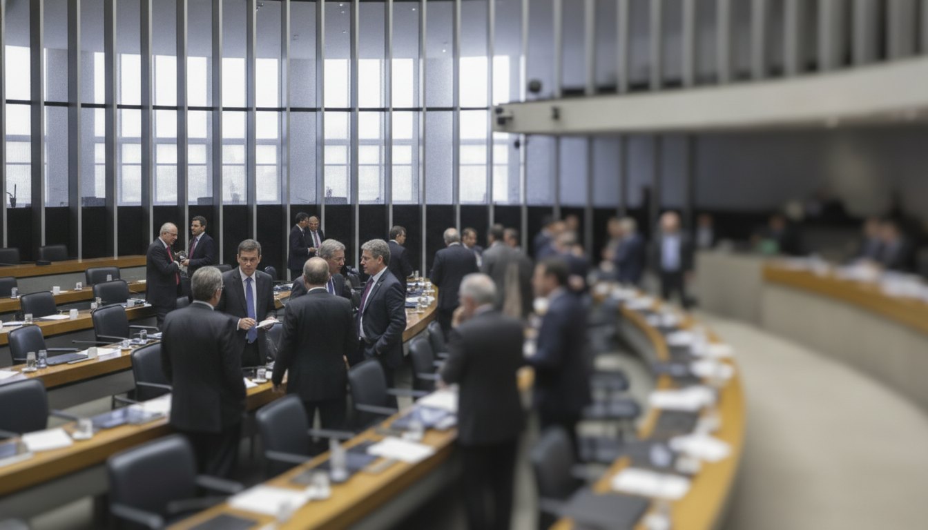 Plenário cheio de parlamentares conversando em pequenos grupos antes do início de uma votação.