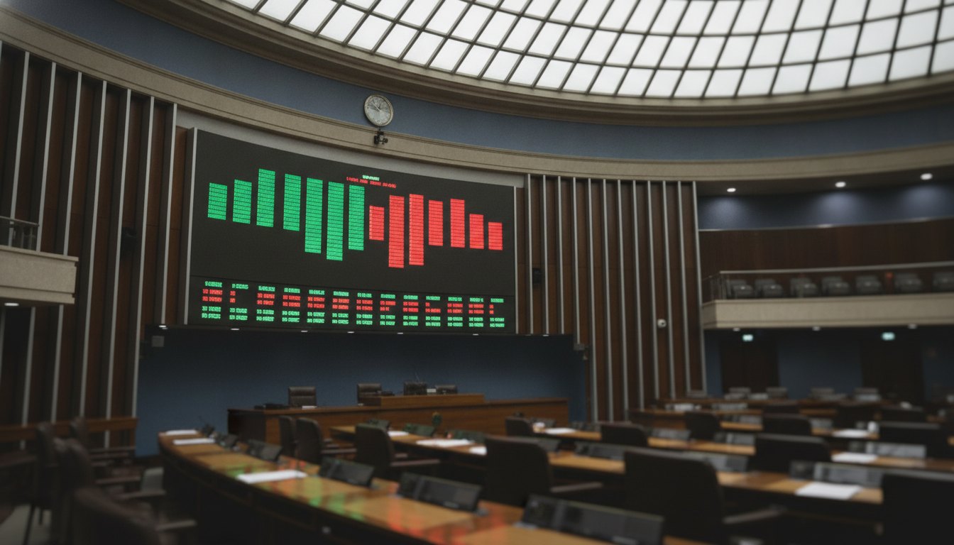 Painel eletrônico de votação no plenário da Câmara dos Deputados com resultados em verde e vermelho.