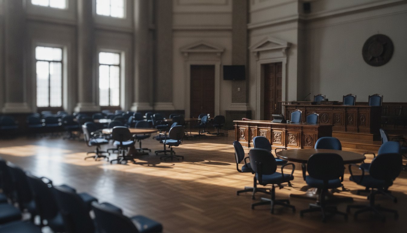Parlamentares reunidos no plenário conversando em pequenos grupos perto da mesa diretora da casa legislativa.