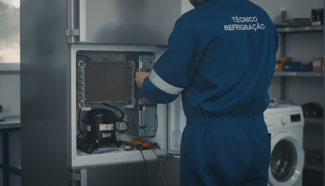 Técnico uniformizado inspecionando o motor na parte traseira de uma geladeira residencial.