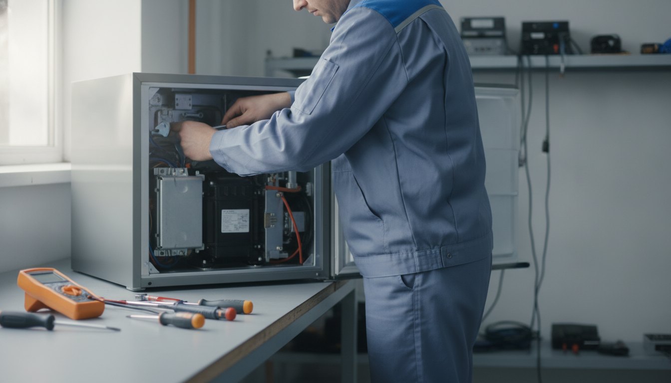 Técnico de refrigeração uniformizado inspecionando o motor de uma geladeira com ferramentas em mãos.