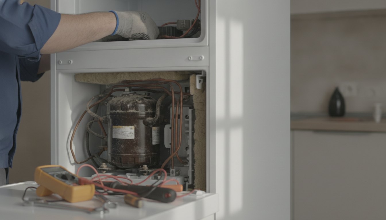 Técnico com ferramentas inspecionando o motor na parte traseira de uma geladeira branca.