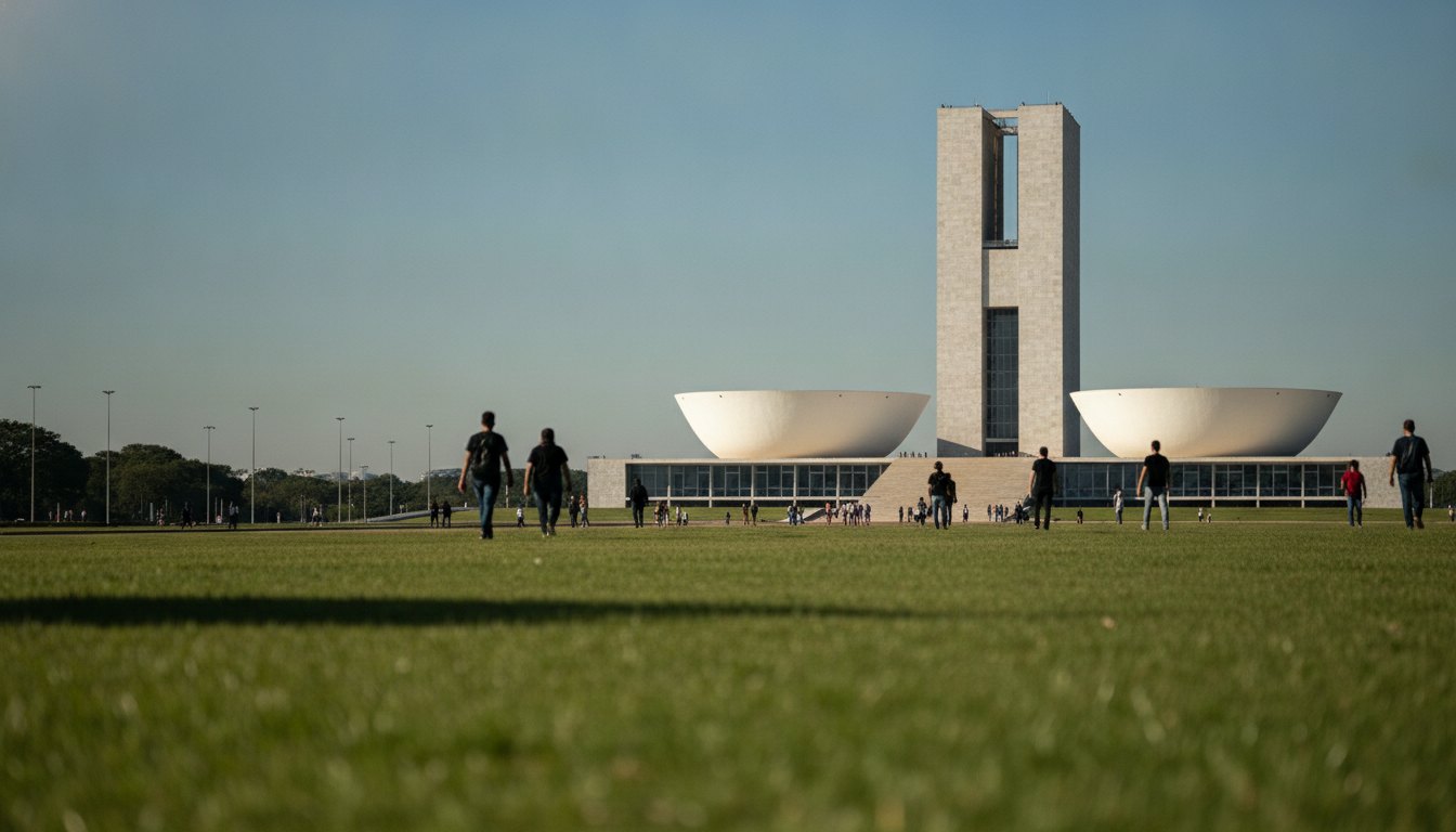 Fachada do Congresso Nacional com pessoas caminhando no gramado em um dia ensolarado.