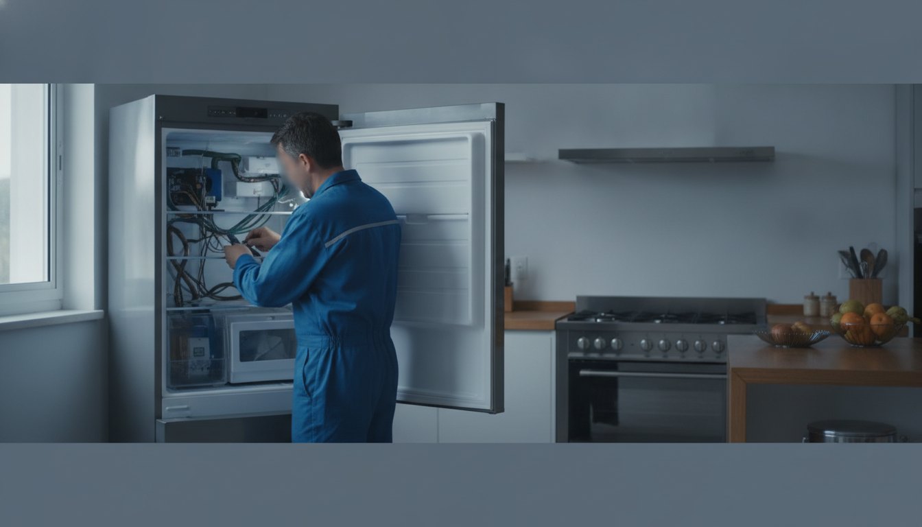 Técnico de uniforme azul inspeciona o painel traseiro de uma geladeira aberta na cozinha.