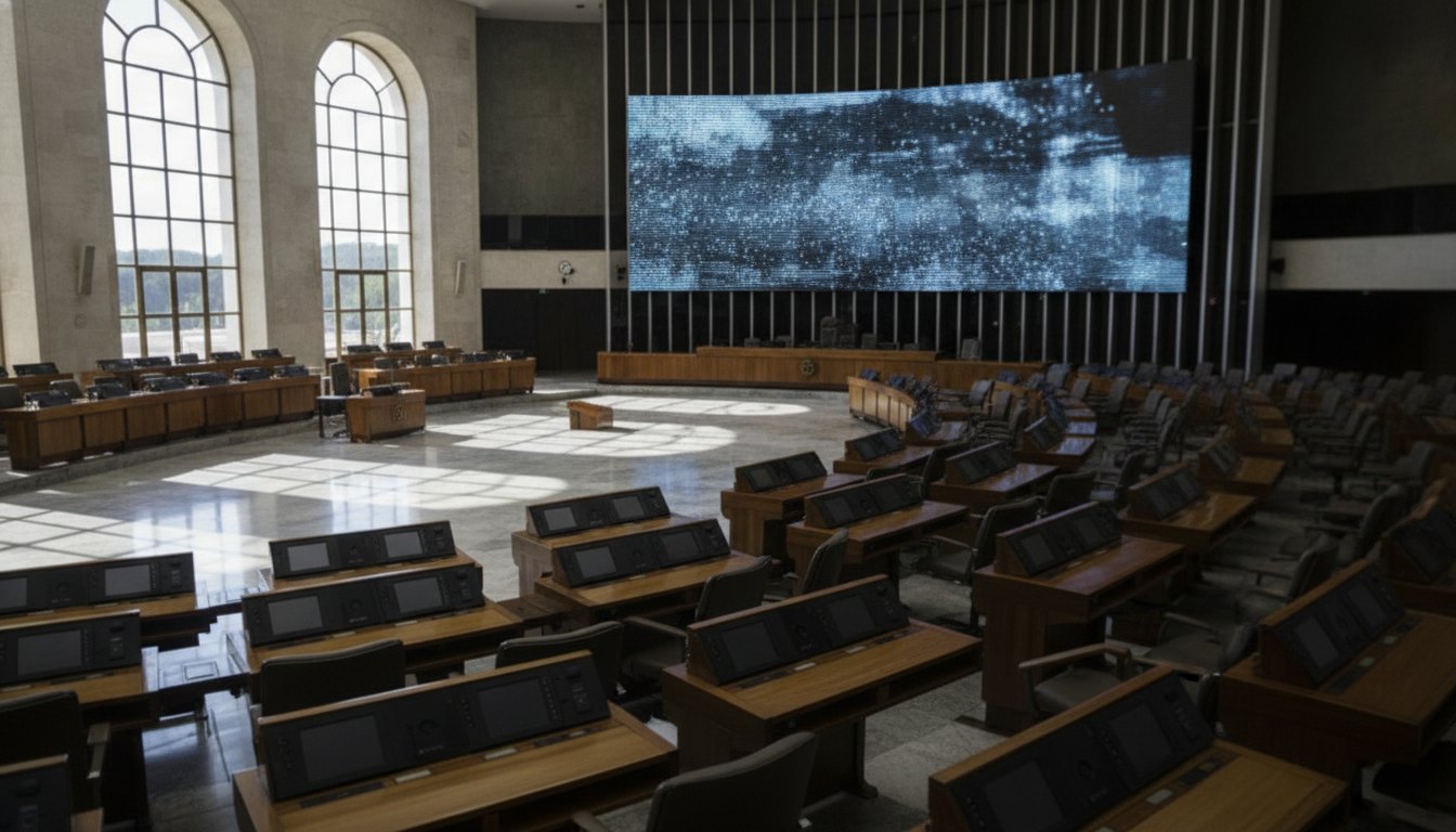 Plenário vazio com painel eletrônico aceso ao fundo e mesas de votação em primeiro plano
