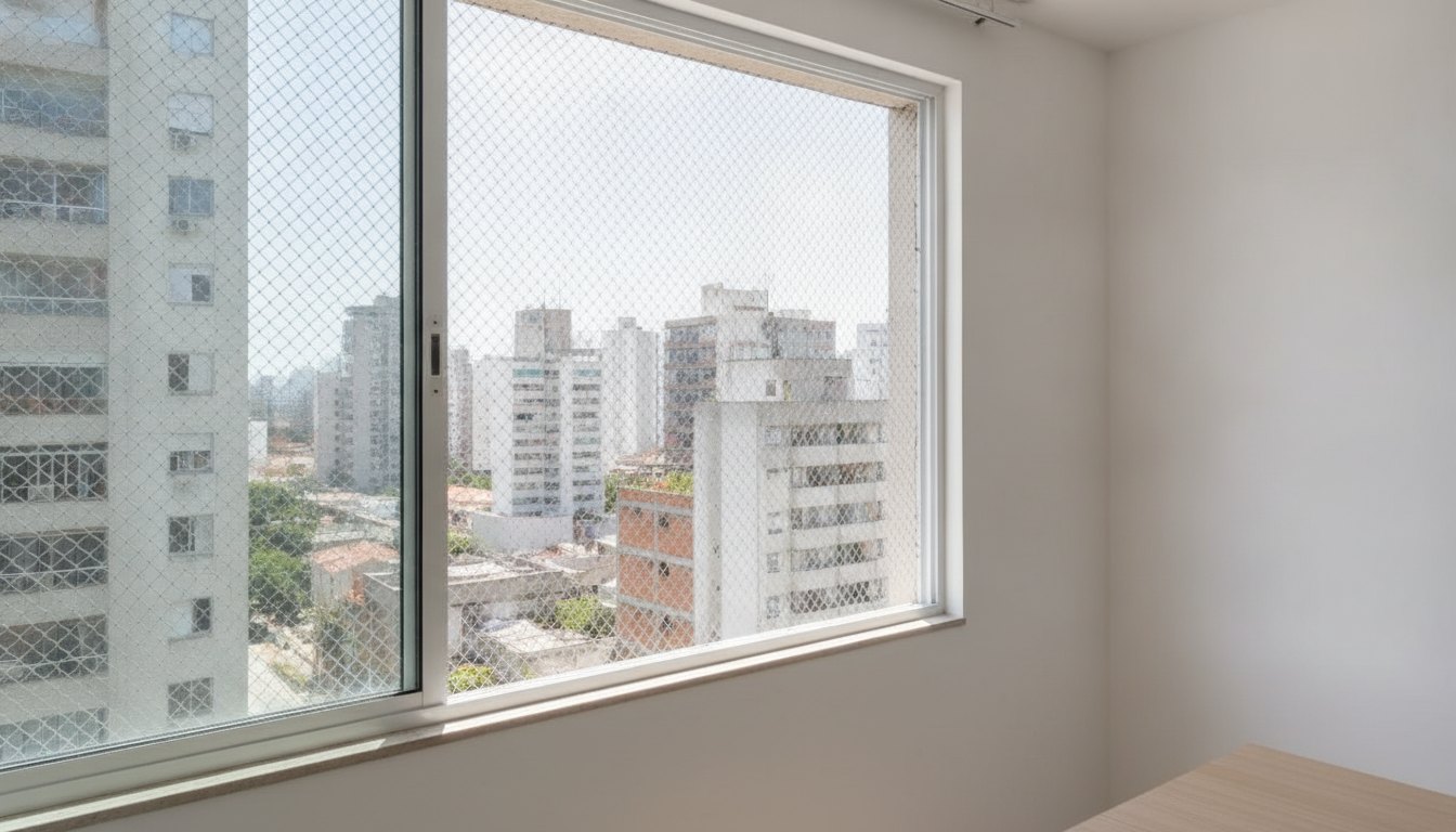 Janela de apartamento com tela de proteção instalada e vista para prédios urbanos.