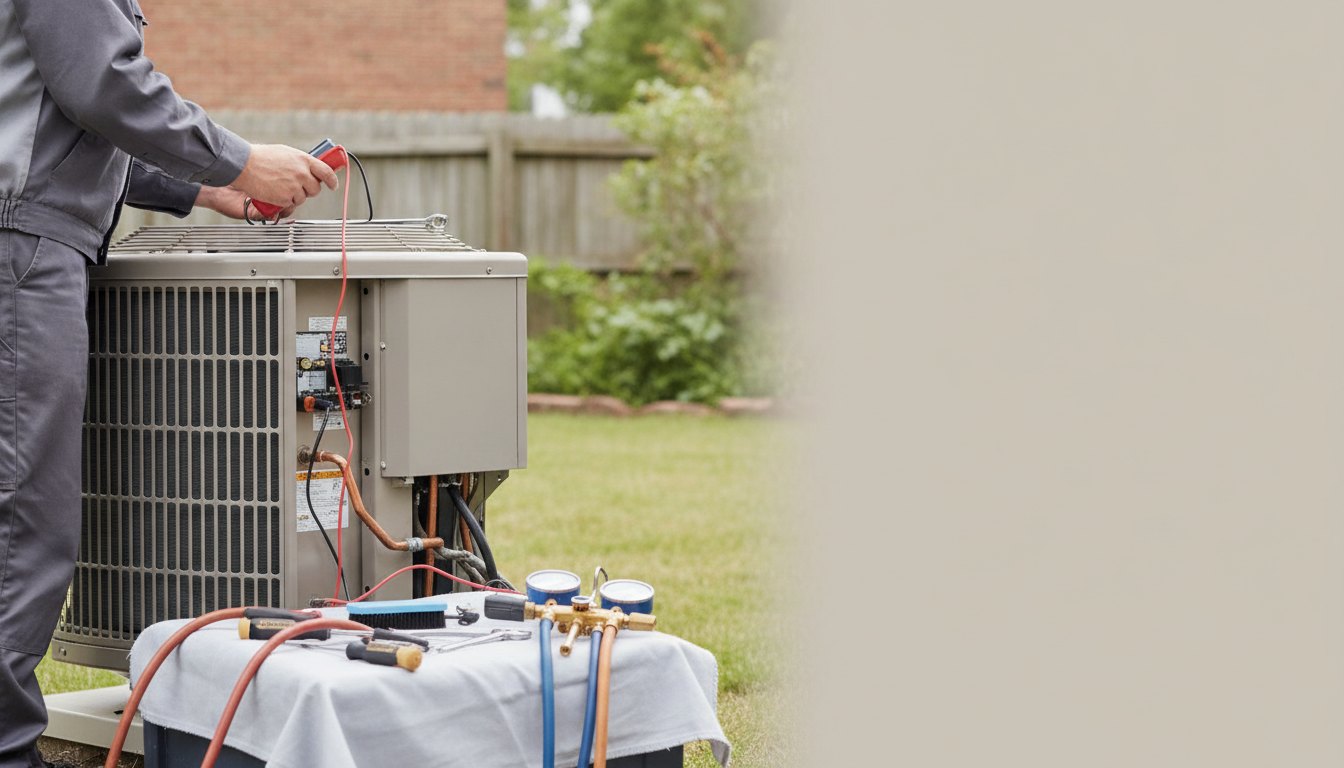 Técnico com uniforme e ferramentas inspecionando a unidade externa de um aparelho de refrigeração residencial.