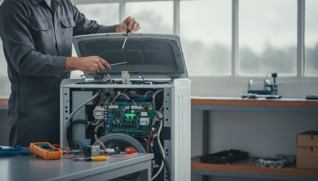 Homem de uniforme ajustando a placa eletrônica de uma máquina de lavar aberta com ferramentas.