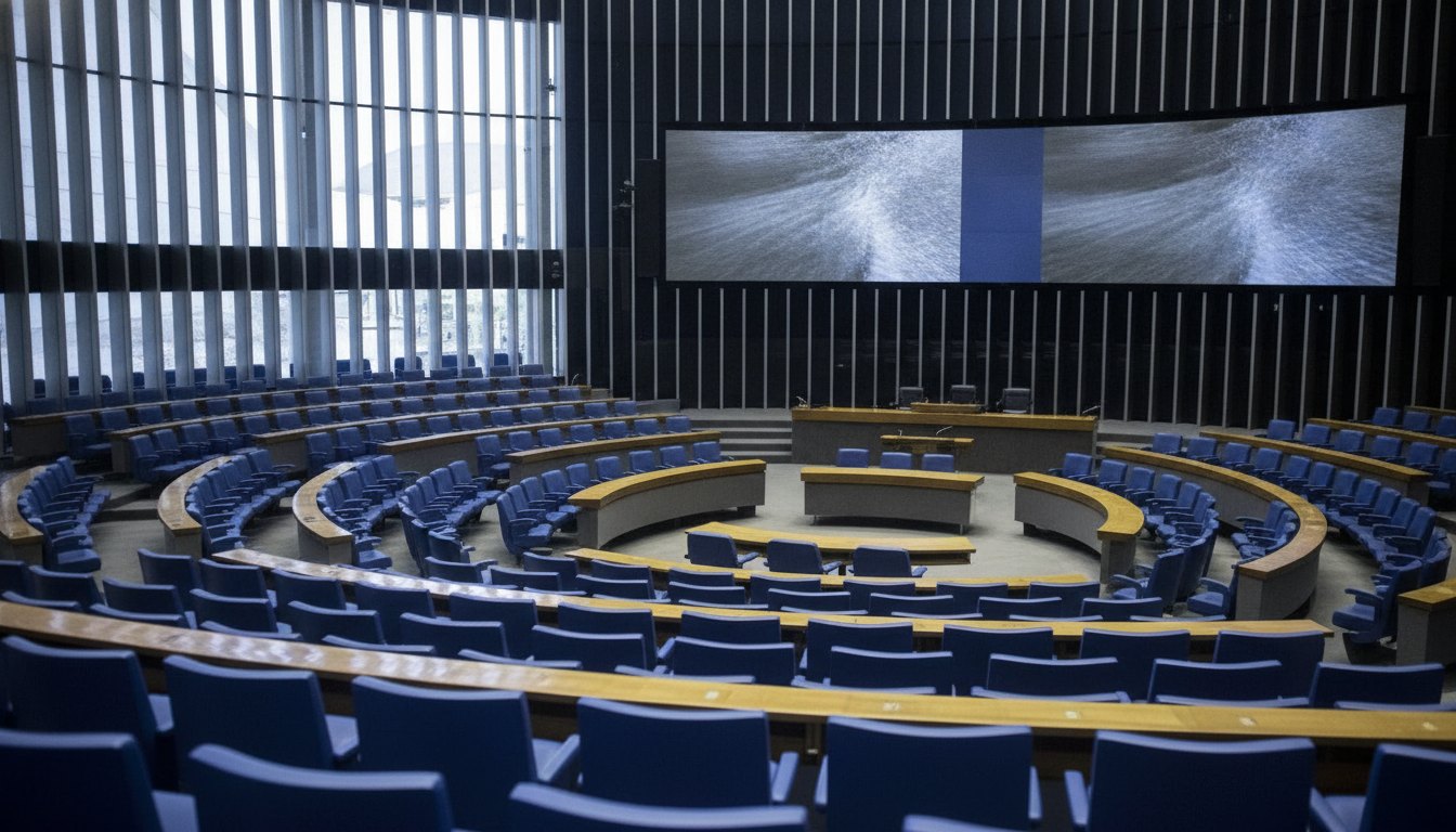 Plenário do congresso com parlamentares sentados e telões exibindo resultados de votação.