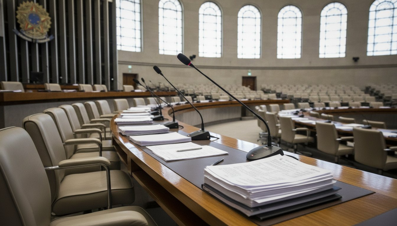 Senadores sentados em bancada no plenário com microfones ligados e papéis sobre a mesa.