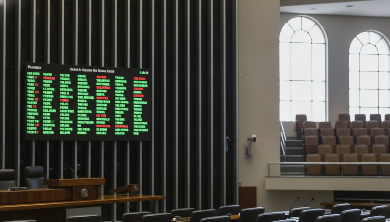 painel eletrônico brilhando em plenário legislativo registrando votos verdes e vermelhos durante sessão parlamentar