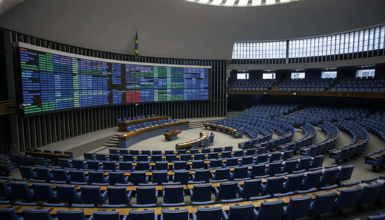 Plenário do Congresso Nacional vazio com painel eletrônico de votação aceso ao fundo da mesa.