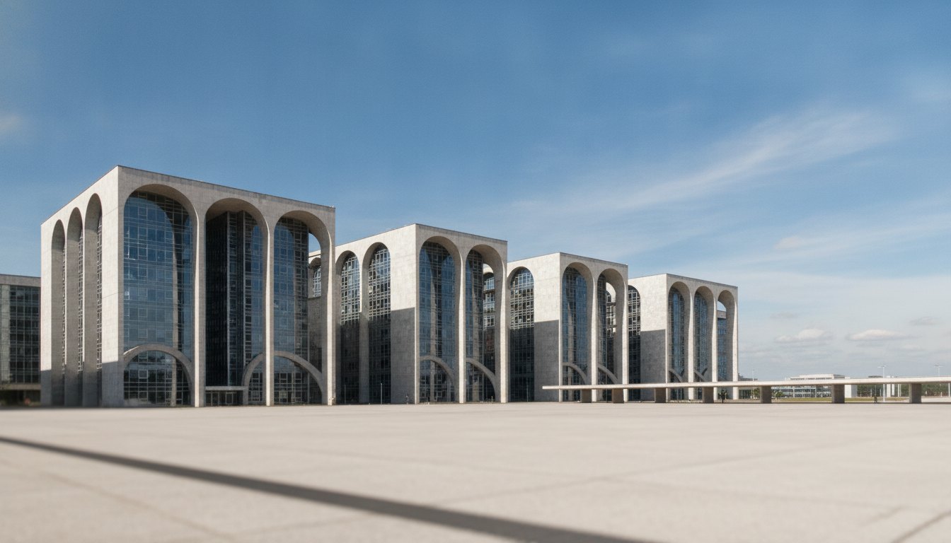 Fachada dos prédios dos ministérios em Brasília sob céu claro durante o dia