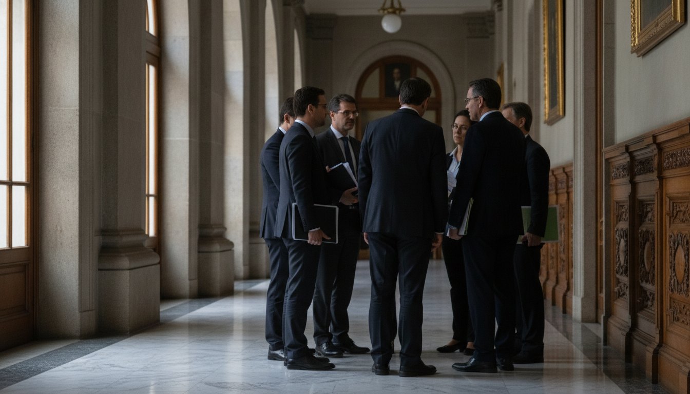 Homem de terno escuro conversando reservadamente com um grupo de parlamentares em um corredor iluminado.